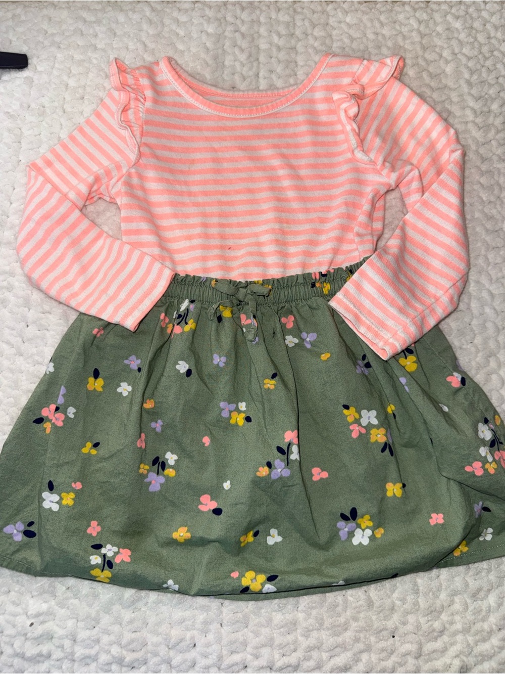 Girls Pink Stripe Top with Green Floral Skirt Dress